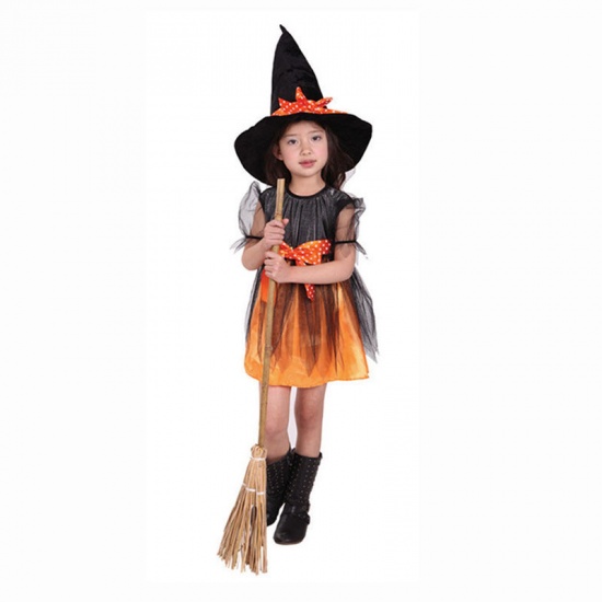 100cm オーガンジー 子供 キッズ ドレス ハロウィン ウィッチ オレンジ 1セット(帽子・ベルト・スカート付) の画像