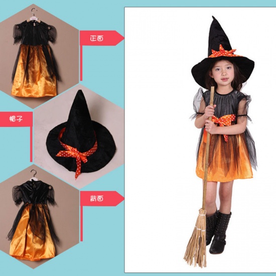 Bild von 100 cm Organza Kinder Kinder Kleid Halloween Hexe Orange 1 Set (mit Hut & Gürtel & Rock)