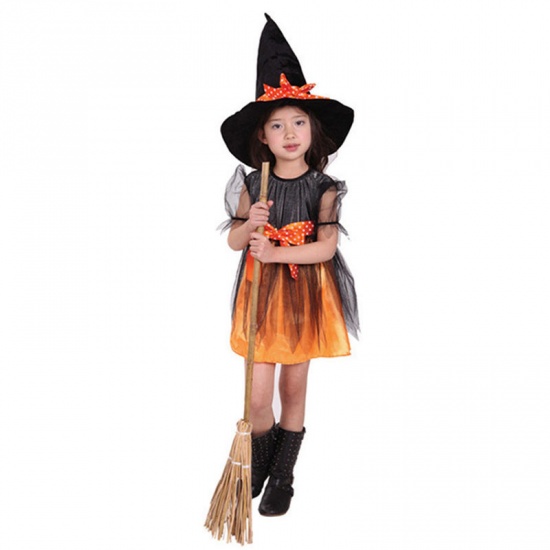 Bild von 160 cm Organza Kinder Kinder Kleid Halloween Hexe Orange 1 Set (mit Hut & Gürtel & Rock)
