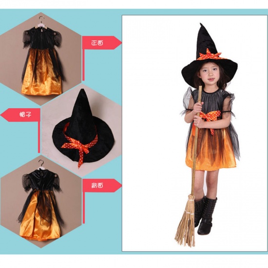 160cm オーガンジー 子供 キッズ ドレス ハロウィン ウィッチ オレンジ 1セット(帽子・ベルト・スカート付) の画像