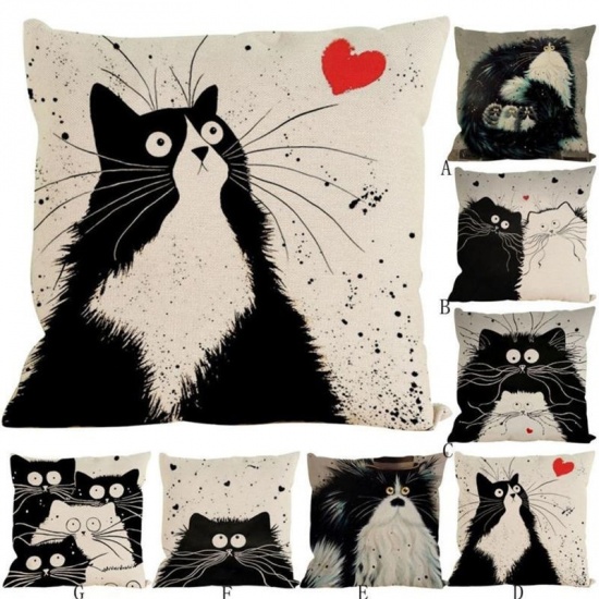 Picture of Flax Pillow Cases Beige & Black Square Cat 45cm x 45cm, 1 Piece