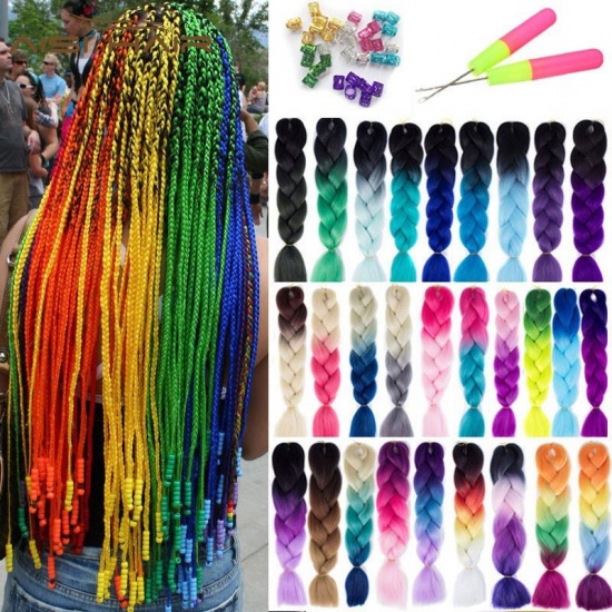 Picture of High Heat Resistant Fiber Braided Synthetic Wigs Multicolor Gradient Color 60cm, 1 Piece