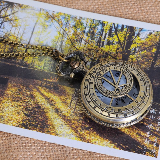 Picture of Pocket Watches Round Antique Bronze Constellation Pattern Battery Included 81.5cm(32 1/8") long, 1 Piece