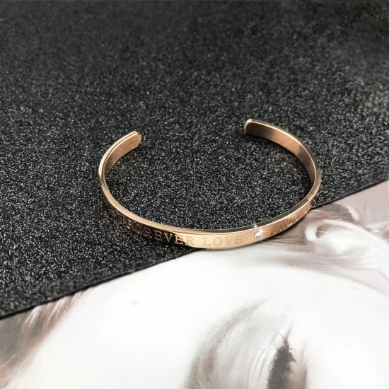 Picture of Titanium Steel Bangles Bracelets Rose Gold C Shape Clear Rhinestone 6.2cm(2 4/8") long, 1 Piece