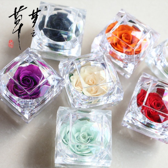 Picture of Acrylic Jewelry Gift Ring Box Square Blue Eternal Rose Flower 5cm x 5cm x 5cm , 1 Piece