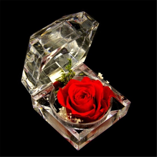 Picture of Acrylic Jewelry Gift Ring Box Square Blue Eternal Rose Flower 5cm x 5cm x 5cm , 1 Piece