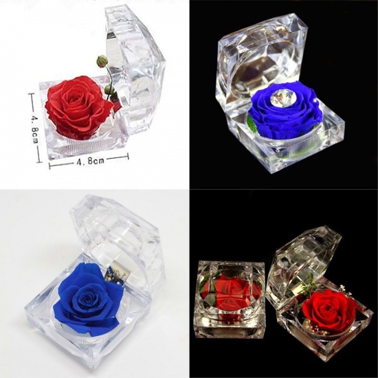 Picture of Acrylic Ring Jewelry Gift Box Ornaments Decorations Pink Eternal Rose Flower 1 Piece
