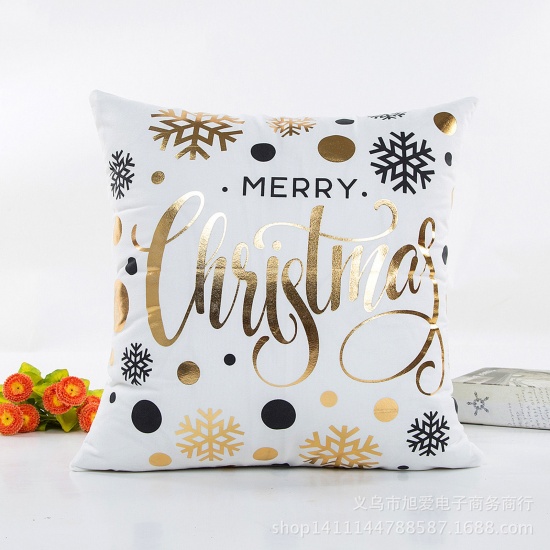 Immagine di Velluto di Cotone Natale Custodie per Cuscini Bianco Quadrato Fiocco di Neve Lettere " Merry Christmas" 45cm x 45cm, 1 Pz
