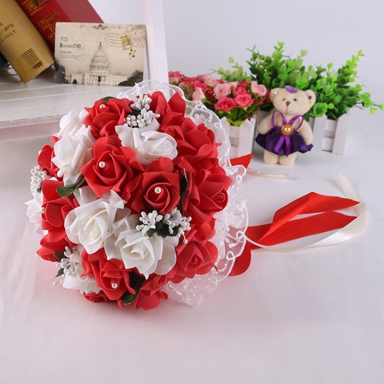 Bild von Polyäthylen-Hochzeits-künstliche Blume Rosen-Blume für die Braut Weiß & Rot 28 cm x 22 cm, 1 Stück