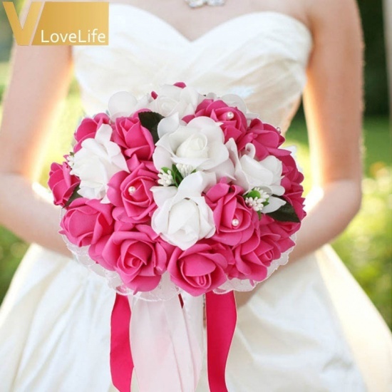 Picture of Poly Ethylene Wedding Artificial Flower Rose Flower For Bride White & Red 28cm x 22cm, 1 Piece