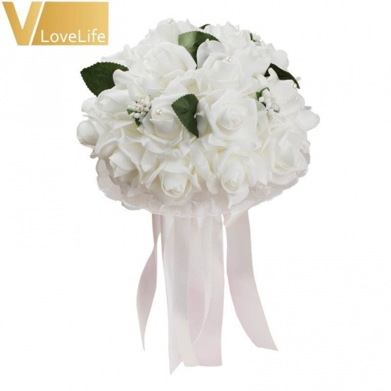 Picture of Poly Ethylene Wedding Artificial Flower Rose Flower For Bride White & Red 28cm x 22cm, 1 Piece