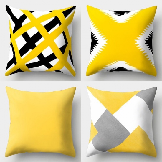 Picture of Peach Skin Fabric Printed Pillow Cases Yellow & Gray Square Home Textile 45cm x 45cm, 1 Piece