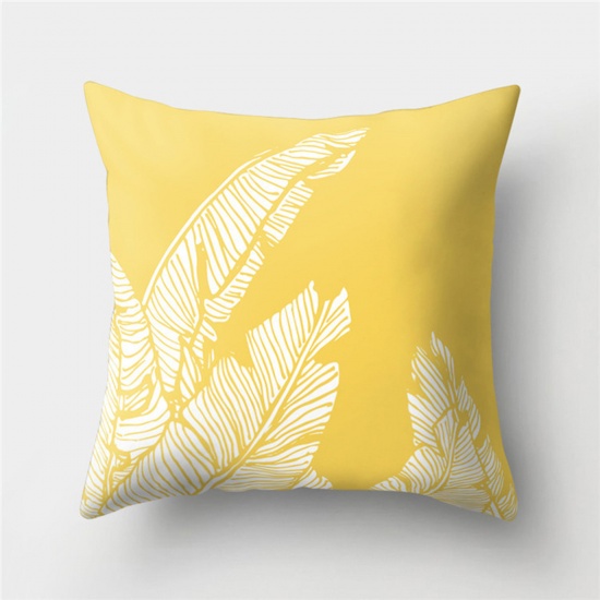 Picture of Peach Skin Fabric Printed Pillow Cases Yellow Square Leaf Home Textile 45cm x 45cm, 1 Piece