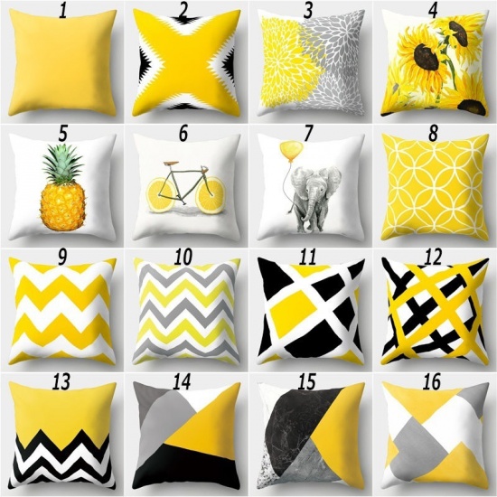 Picture of Peach Skin Fabric Printed Pillow Cases Yellow & Gray Square Home Textile 45cm x 45cm, 1 Piece