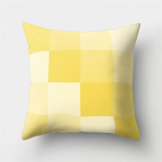 Picture of Peach Skin Fabric Printed Pillow Cases Yellow Square Grid Checker Home Textile 45cm x 45cm, 1 Piece