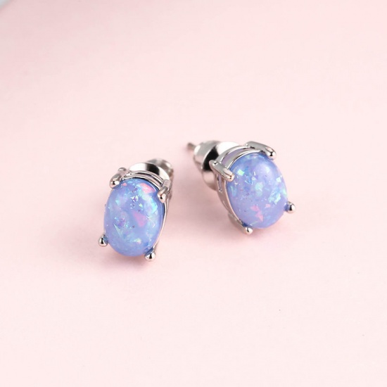 Picture of 1 Pair Opal Ear Post Stud Earrings Silver Tone White Oval 7mm x 4mm