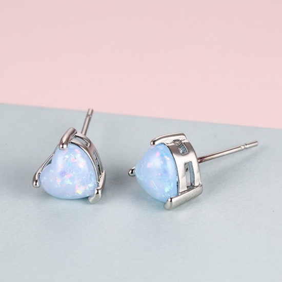 Picture of 1 Pair Opal Ear Post Stud Earrings Silver Tone Blue Heart 4mm x 4mm