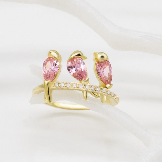 Picture of Brass Micro Pave Unadjustable Rings Gold Plated Bird Animal Pink Cubic Zirconia 17.3mm( 5/8")(US Size 7), 1 Piece                                                                                                                                             