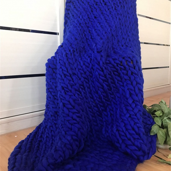 Picture of Royal Blue - Polyester Hand Woven Thick Thread Soft Blanket Solid Color 120cm x100cm(47 2/8" x39 3/8"), 1 Piece