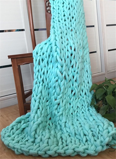 Picture of Polyester Hand Knitted Coarse Wool Blanket Green Blue 100cm x 80cm, 1 Piece