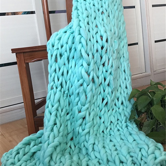 Picture of Cyan - Polyester Hand Woven Thick Thread Soft Blanket Solid Color 120cm x100cm(47 2/8" x39 3/8"), 1 Piece