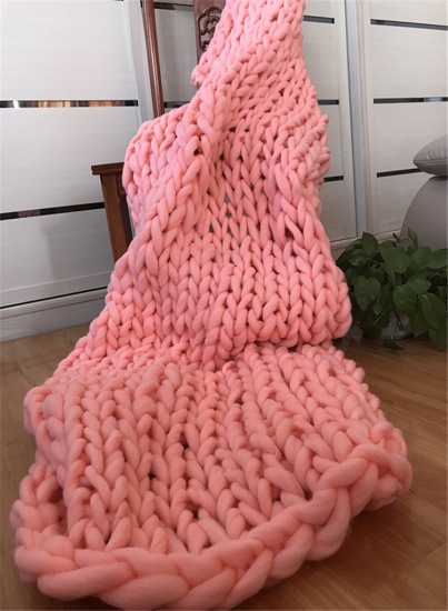 Picture of Polyester Hand Knitted Coarse Wool Blanket Pink 80cm x 80cm, 1 Piece
