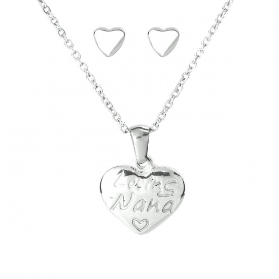 Picture of Stainless Steel Jewelry Necklace Earrings Set Silver Tone Heart Message " Lovin's Nana " 45cm(17 6/8") long, 1cm( 3/8") x 0.9cm( 3/8"), 1 Set