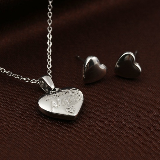 Picture of Stainless Steel Jewelry Necklace Earrings Set Silver Tone Heart Message " Lovin's Nana " 45cm(17 6/8") long, 1cm( 3/8") x 0.9cm( 3/8"), 1 Set