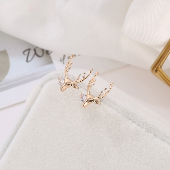 Picture of Brass Ear Post Stud Earrings KC Gold Plated Christmas Reindeer Clear Cubic Zirconia 27mm x 11mm, 1 Pair                                                                                                                                                       