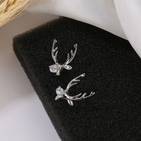 Picture of Brass Ear Post Stud Earrings KC Gold Plated Christmas Reindeer Clear Cubic Zirconia 27mm x 11mm, 1 Pair                                                                                                                                                       