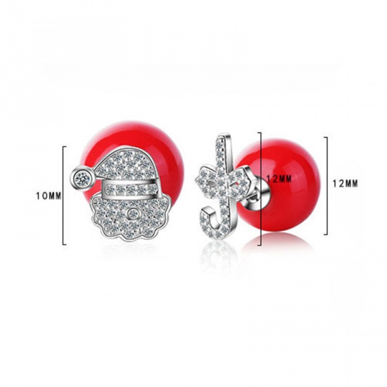 Picture of Brass Double Sided Ear Post Stud Earrings Red Ball Christmas Santa Claus Candy Cane Clear Rhinestone 10mm( 3/8"), 12mm( 4/8") Dia., 1 Pair                                                                                                                    