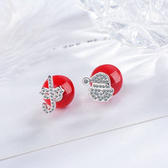 Picture of Brass Double Sided Ear Post Stud Earrings Red Ball Christmas Santa Claus Candy Cane Clear Rhinestone 10mm( 3/8"), 12mm( 4/8") Dia., 1 Pair                                                                                                                    