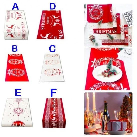 Picture of Cotton & Linen Tablecloth Table Cover White & Red Rectangle Christmas Reindeer 270cm x 28cm, 1 Piece