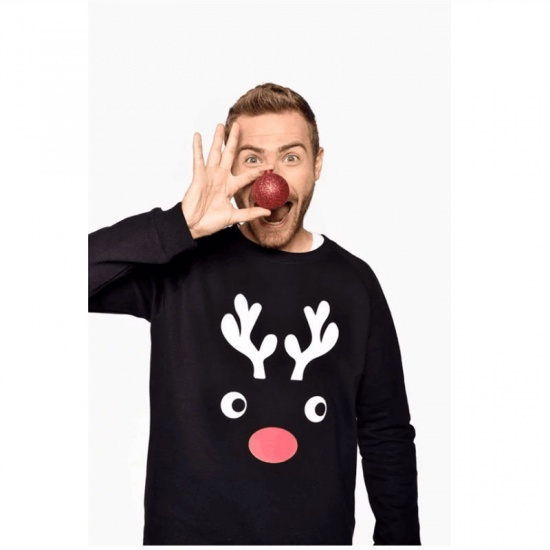 Picture of Cotton Polyester Blend Men's Long Sleeve Hoodie Sweatshirt Top Red Christmas Reindeer Size M, 1 Piece