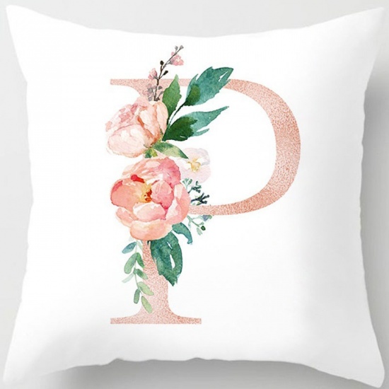 Picture of Peach Skin Fabric Pillow Cases Multicolor Square Flower Leaves Message " M " 45cm x 45cm, 1 Piece