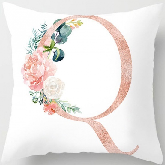 Picture of Peach Skin Fabric Pillow Cases Multicolor Square Flower Leaves Message " M " 45cm x 45cm, 1 Piece