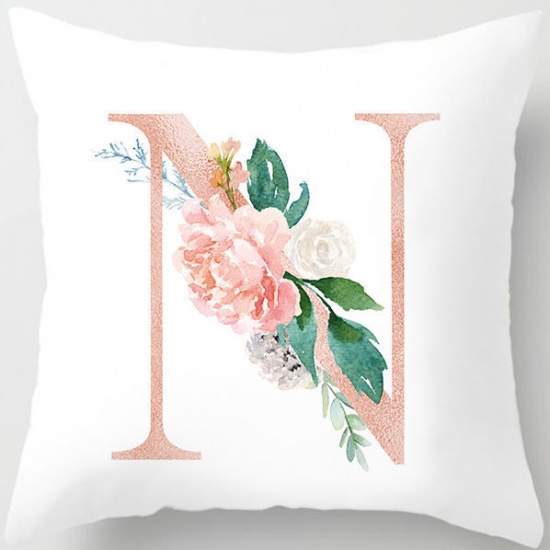 Picture of Polyester Pillow Cases White Square Rose Flower Message " N " 45cm x 45cm, 1 Piece