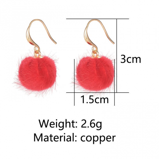 Picture of Brass Earrings Gold Plated Off-white Pom Pom Ball 3cm(1 1/8") x 1.5cm( 5/8"), 1 Pair                                                                                                                                                                          