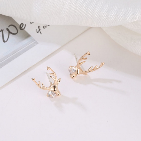 Picture of Brass Ear Post Stud Earrings Silver Tone Christmas Reindeer Clear Cubic Zirconia 27mm x 11mm, 1 Pair                                                                                                                                                          