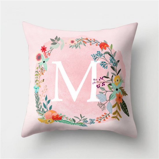 Picture of Peach Skin Fabric Pillow Cases Pink Square Wreath Message " L " 45cm x 45cm, 1 Piece
