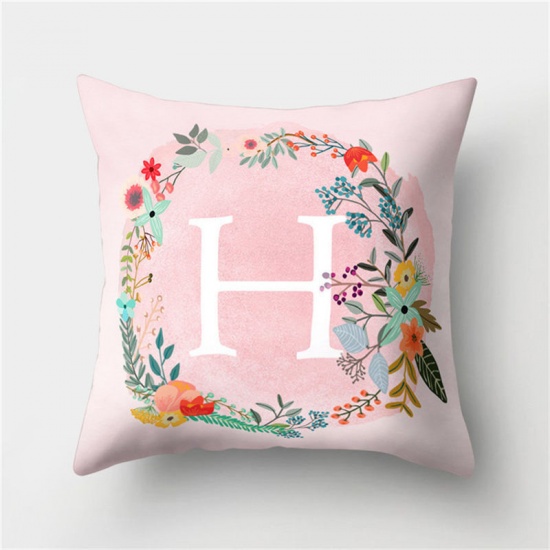 Picture of Peach Skin Fabric Pillow Cases Pink Square Wreath Message " L " 45cm x 45cm, 1 Piece