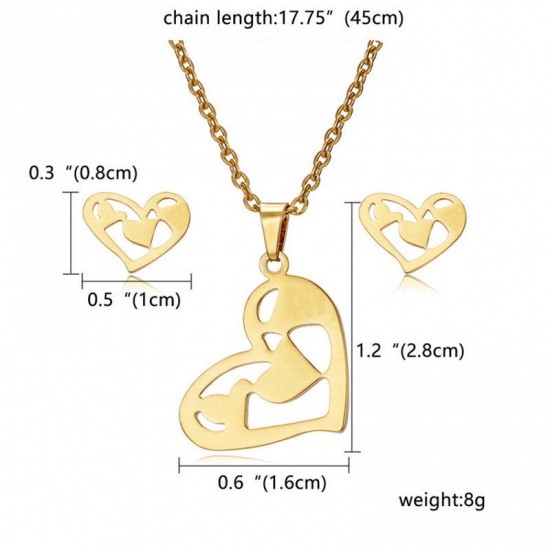 Picture of Stainless Steel Jewelry Necklace Earrings Set Gold Plated Rose Flower 45cm(17 6/8") long, 1cm( 3/8") x 1cm(3/8"), 1 Set