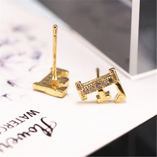 Picture of Brass Ear Post Stud Earrings Gold Plated Capital Alphabet/ Letter Message " A " Clear Cubic Zirconia 10mm x 8mm, 1 Pair                                                                                                                                       