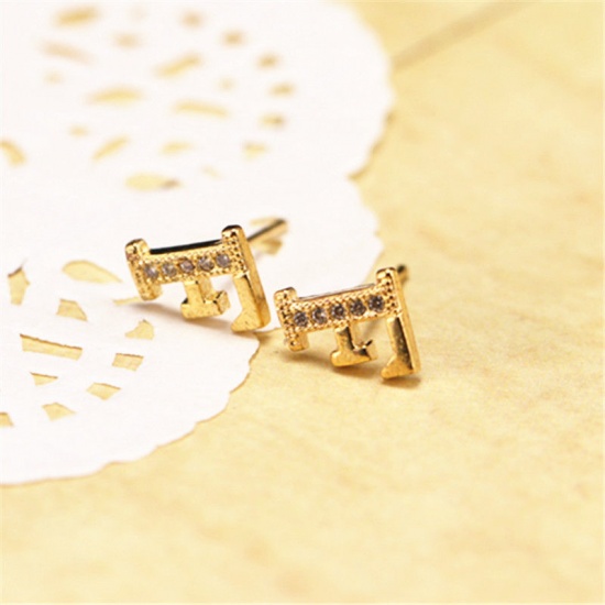 Picture of Brass Ear Post Stud Earrings Gold Plated Capital Alphabet/ Letter Message " F " Clear Cubic Zirconia 10mm x 8mm, 1 Pair                                                                                                                                       