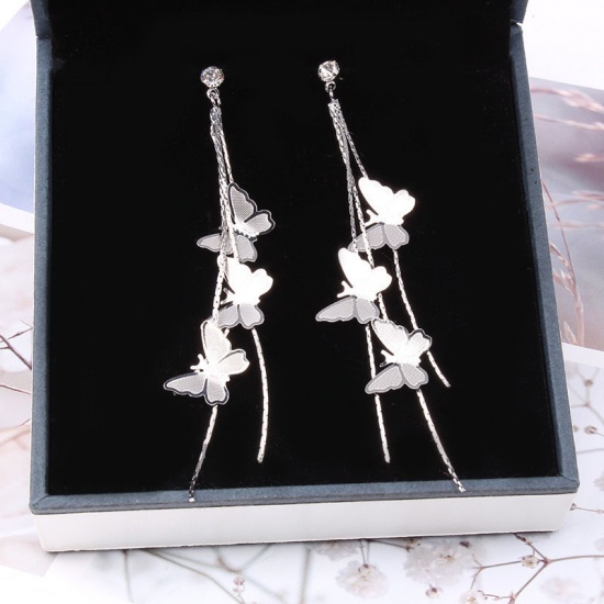 Picture of Tassel Earrings Silver Plated Butterfly Animal 88mm x 13mm, 1 Pair