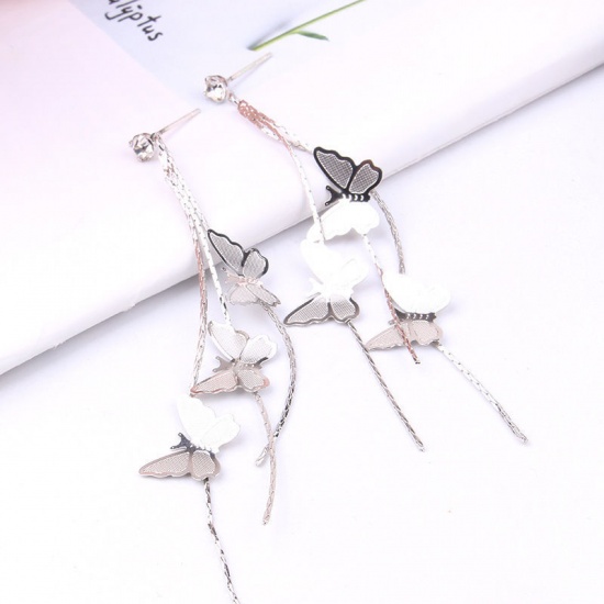 Picture of Tassel Earrings Silver Plated Butterfly Animal 88mm x 13mm, 1 Pair