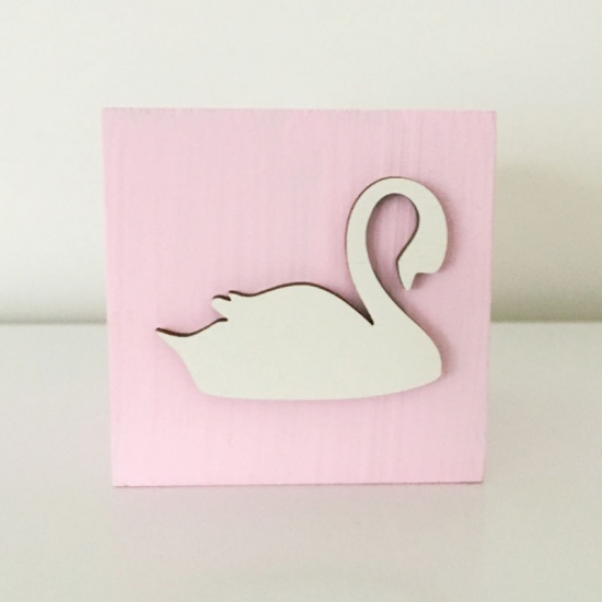 Picture of Wood Ornaments Decorations Square White & Pink Swan 6cm x 6cm, 1 Piece