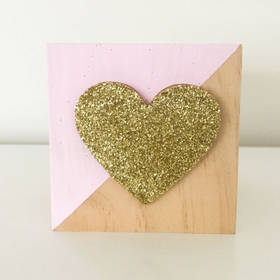 Picture of Wood Ornaments Decorations Square Pink & Golden Heart 6cm x 6cm, 1 Piece