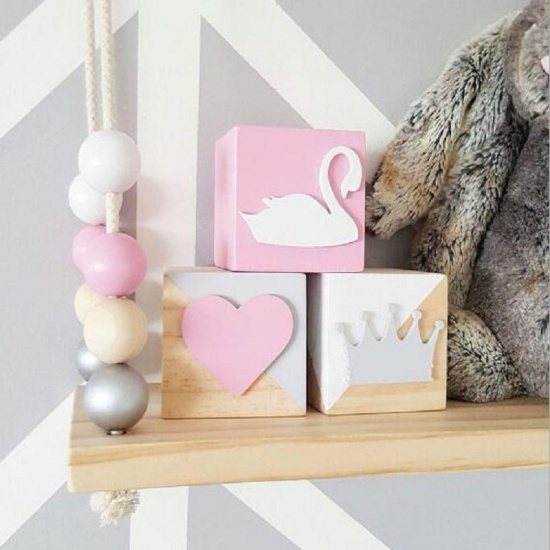 Picture of Wood Ornaments Decorations Square Pink & Golden Heart 6cm x 6cm, 1 Piece