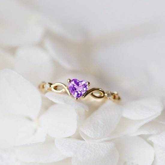Picture of Unadjustable Rings Silver Tone Heart Purple Rhinestone 16.5mm(US Size 6), 1 Piece